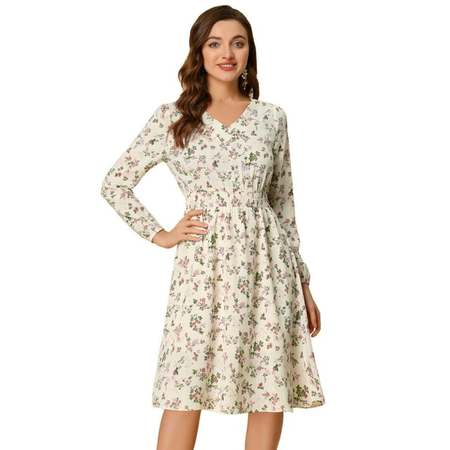 INSPIRE CHIC Robe Midi à Manches Longues Évasée à Col en V à Imprimé Floral pour Femme