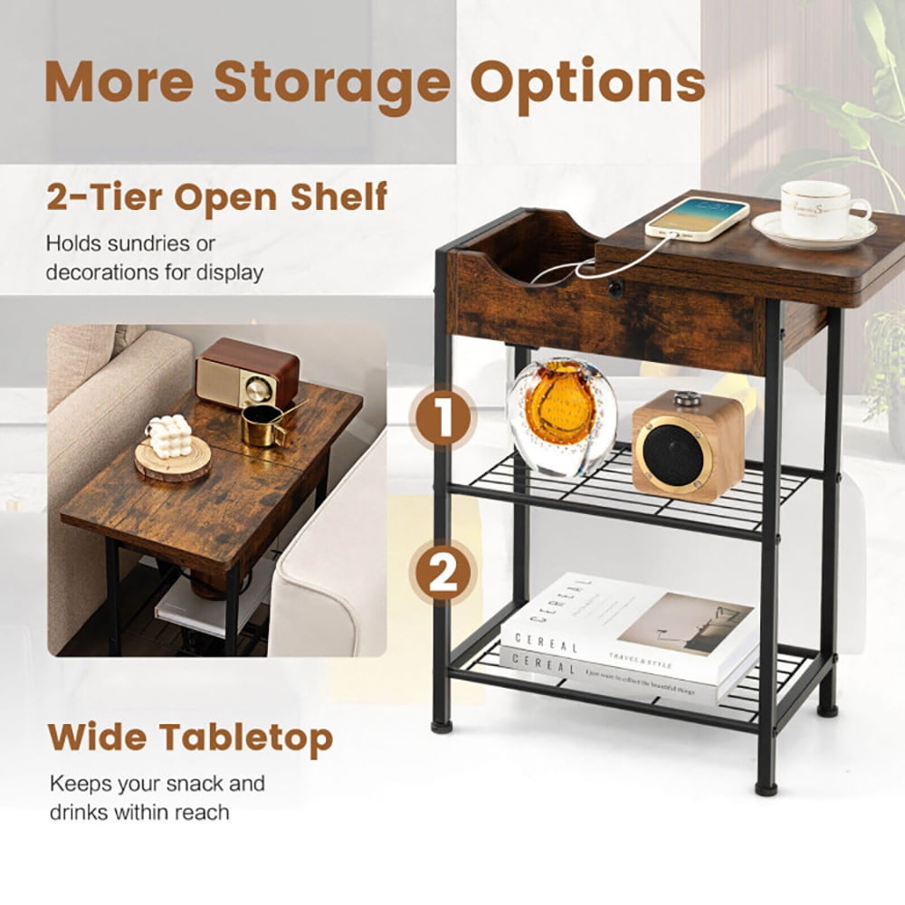 Finihen End Table, Side End Table with Charging Station Flip-Up Top, Sofa Side Table, Bed Side Table, for Living Room, Bedroom, Rustic Brown Finihen End Table, Side End Table with Charging Station Flip-Up Top, Sofa Side Table, Bed Side Table, for Living Room, Bedroom, Rustic Brown