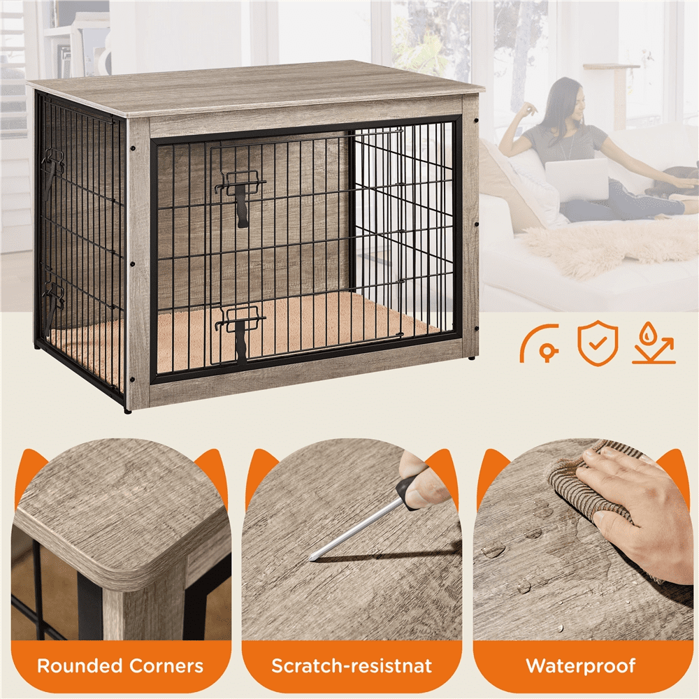 Renwick 38"W Industrial Dog Crate Furniture with Anti Skid Plush Mat, Gray