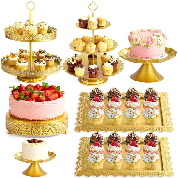 Juego de soportes para tartas OdoVow de 7 piezas, exhibidor de postres de metal dorado