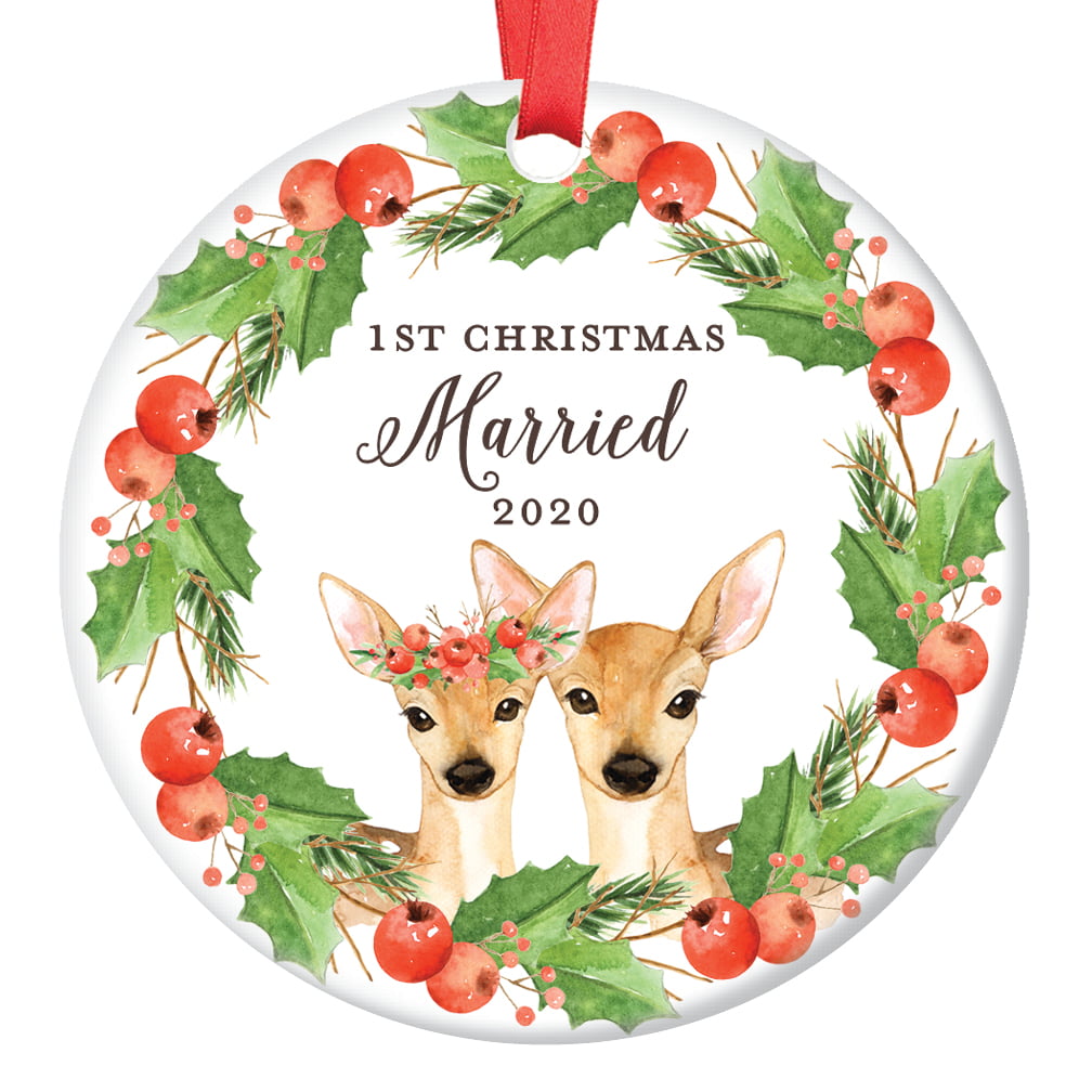 First Christmas Mr & Mrs Ornament 2019 Cute Pom Hats Bridal Shower Wedding Present Ceramic Keepsake New Husband Wife 1st Holiday Married Couple 3 Flat Porcelain w Gold Ribbon & Free Gift Box OR00122
