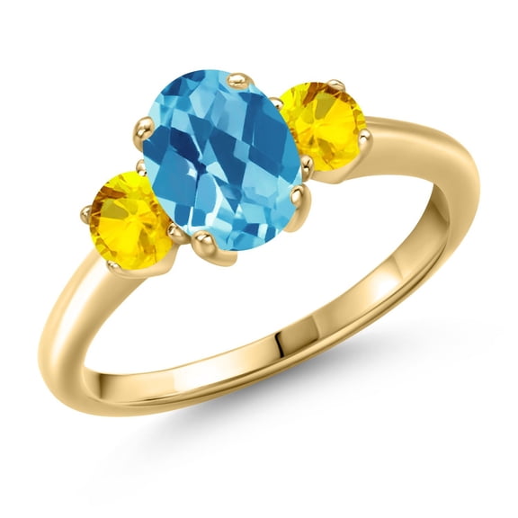 Gem Stone King 2.02 Ct Oval Checkerboard Swiss Blue Topaz Yellow Sapphire 18K Yellow Gold Plated Silver Ring (Size 7)
