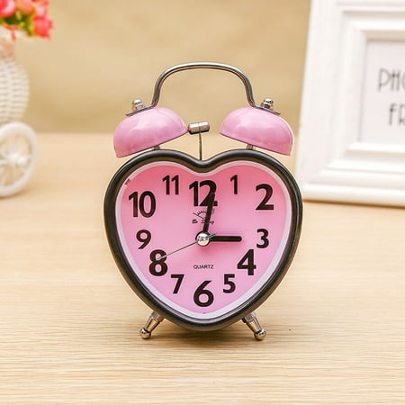 QIFULL 1Pc Sky Blue Heart Shape Metal Alarm Clock Desktop Ring Bell Clock with Night Light