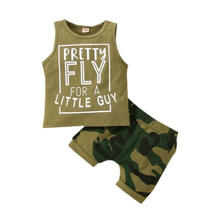 

CenturyX Baby Boys 2 Piece Pants Army Green Tank Top Set Sleeveless Letter Crew Neck T-Shirt Camo Shorts Toddler Summer Shorts Set Army Green 6-12 Months