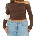 thumbnail image 1 of Women Solid Color Crop Tops Oblique Shoulder Long Sleeve T-Shirts, 1 of 2