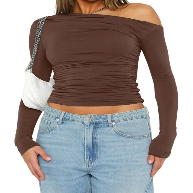 Women Solid Color Crop Tops Oblique Shoulder Long Sleeve T-Shirts