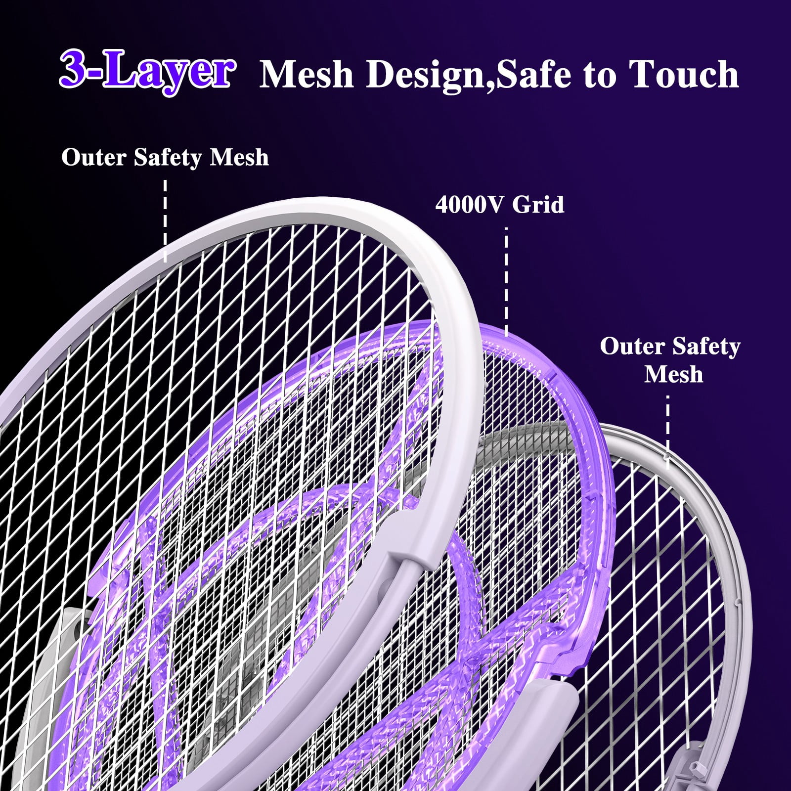 Upgreded 4000V Electric Fly Swatter Racket Rechargeable Bug Zapper For Indoor