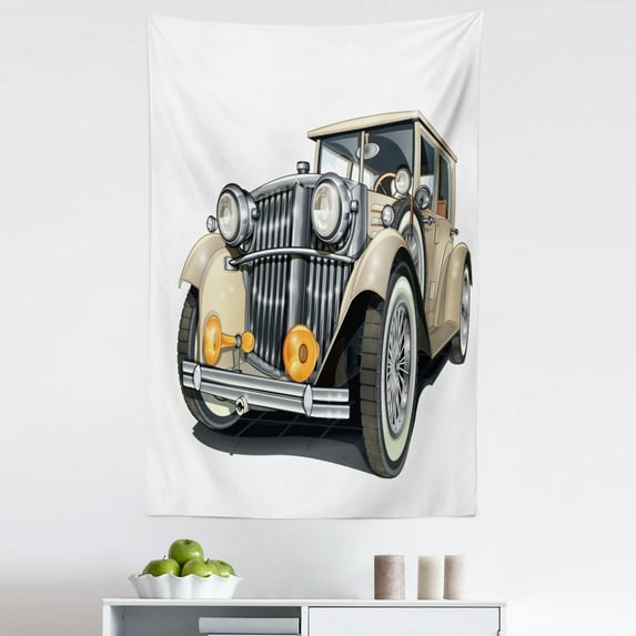 Cars Tapestry, Vintage Vehicle Design Retro Car Hand Drawn Digital Classical Automobile Print, Fabric Wall Hanging Decor for Bedroom Living Room Dorm, 5 Sizes, Eggshell Grey, by Ambesonne