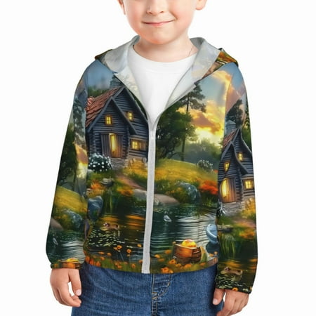 

Lukts Cozy Cottage Lakeside Sunset Print Children s Long-Sleeved Sun Protection Clothing Hooded Sweatshirts for Boys and Girls Outdoor Sports-2 Years