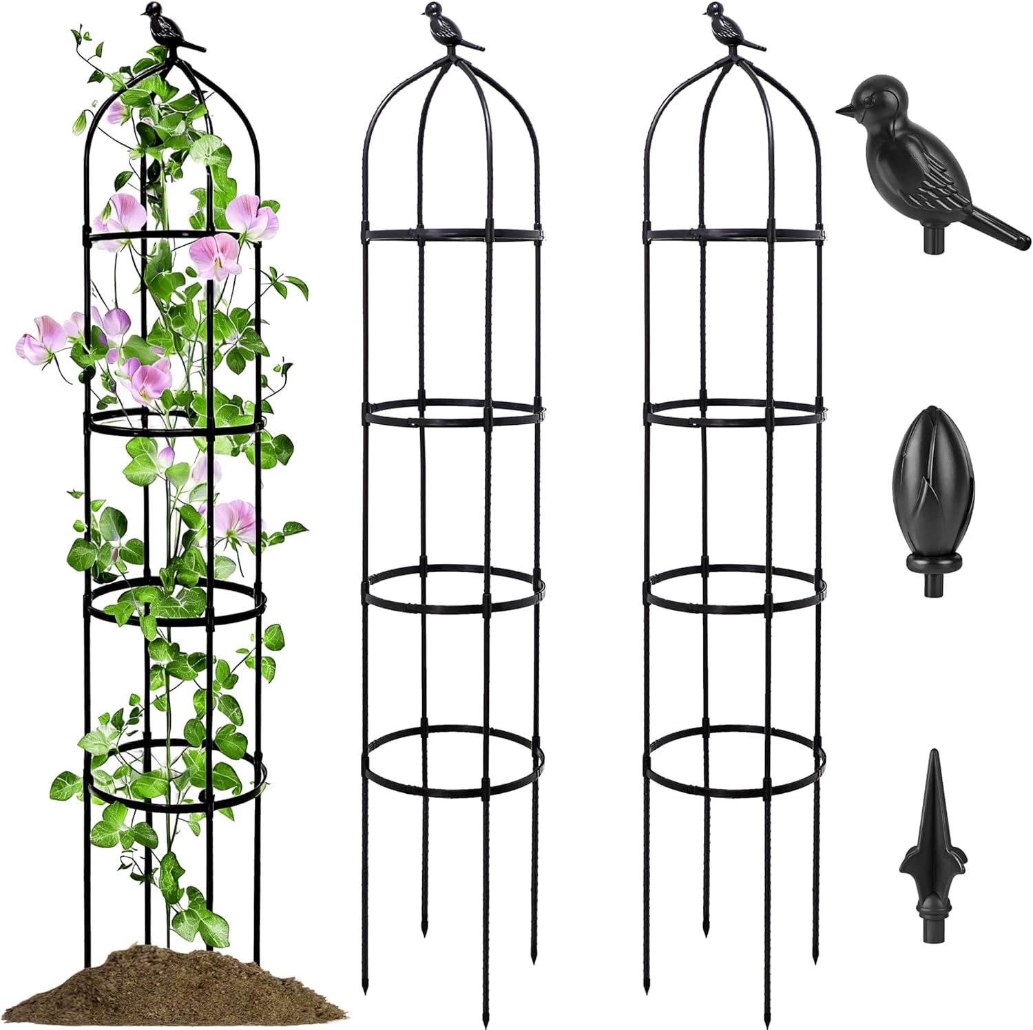 Garden Obelisk Trellis 6FT Adjustable Metal Climbing Plant Support with Decorative Tops Rustproof Outdoor Frame for Roses Tomatoes Vines