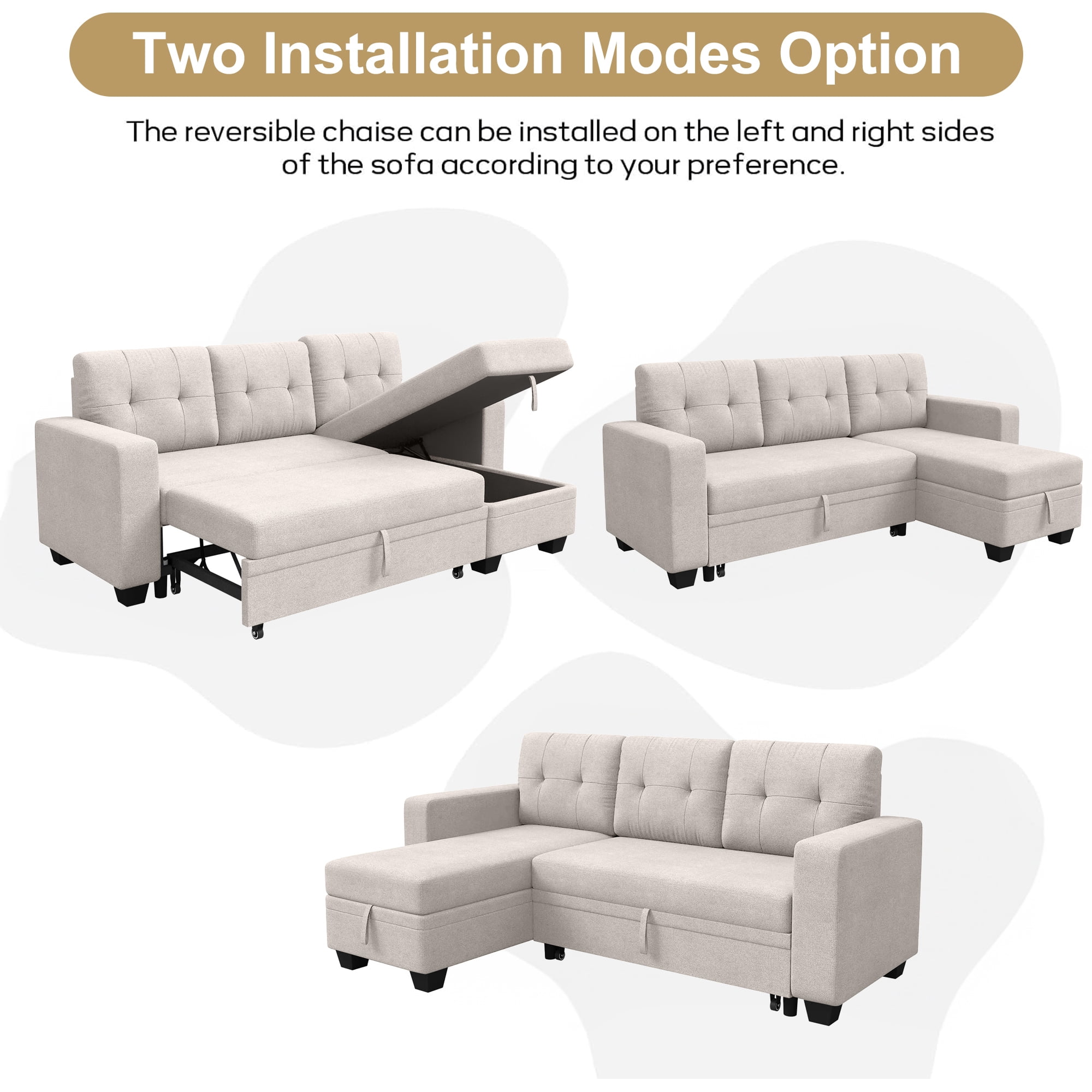 DEALTOPS Linen Reversible Sleeper Sectional Sofa Bed with Storage Chaise,Beige