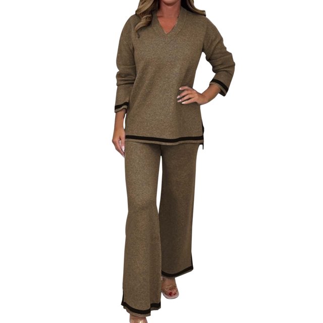 Ladies Casual Solid Color Knitted Long Sleeve Pants Suit - Soft Imitation Fabric Two Piece Set, Loose Elastic Design for Spring/Autumn/Winter, Suitable for Daily/Party/Holiday