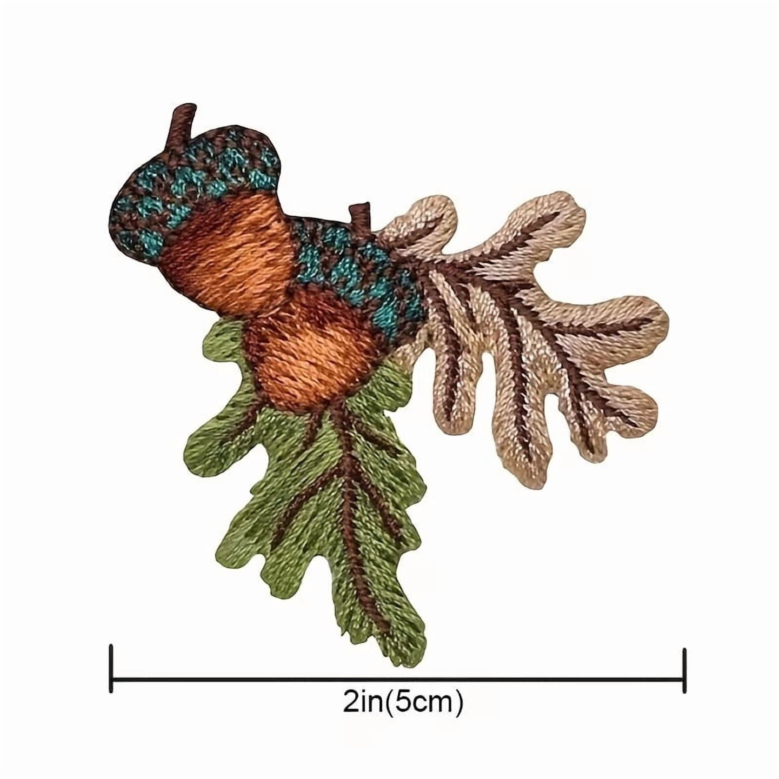 Acorn & Oak Leaves Embroidered Patch - Casual Style Iron-On Sew-on Applique for Clothing - Light Brown Mesh Weave Badge
