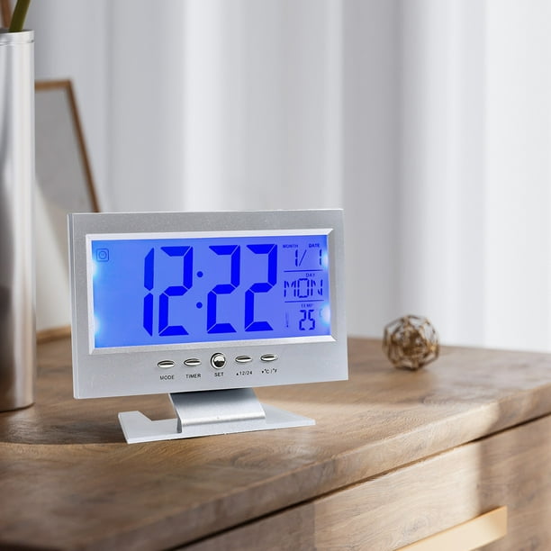 Reloj despertador electrónico de gran pantalla, Control de voz inteligente, Luz nocturna, Alarma de fecha