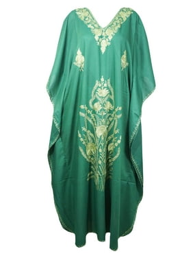 Mogul Women Jungle Green Kaftan Maxi Dress Boho Loose Floral Embroidery Kimono Sleeves Resort Wear Cover Up Housedress 4XL