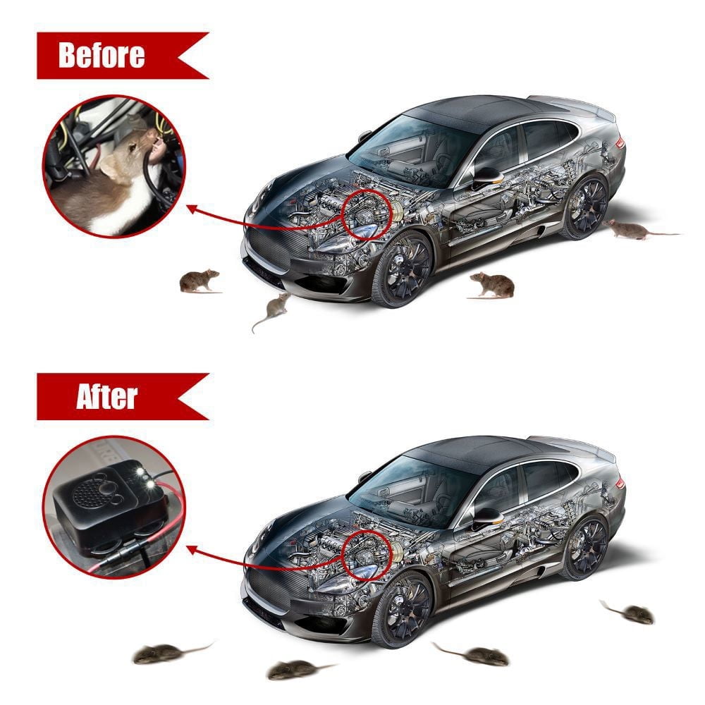 G · PEH Car Ultrasonic Rodent Repellent,  Under Hood Animal Repeller with Strobe Light, Professional Ultrasonic Mouse Repellen