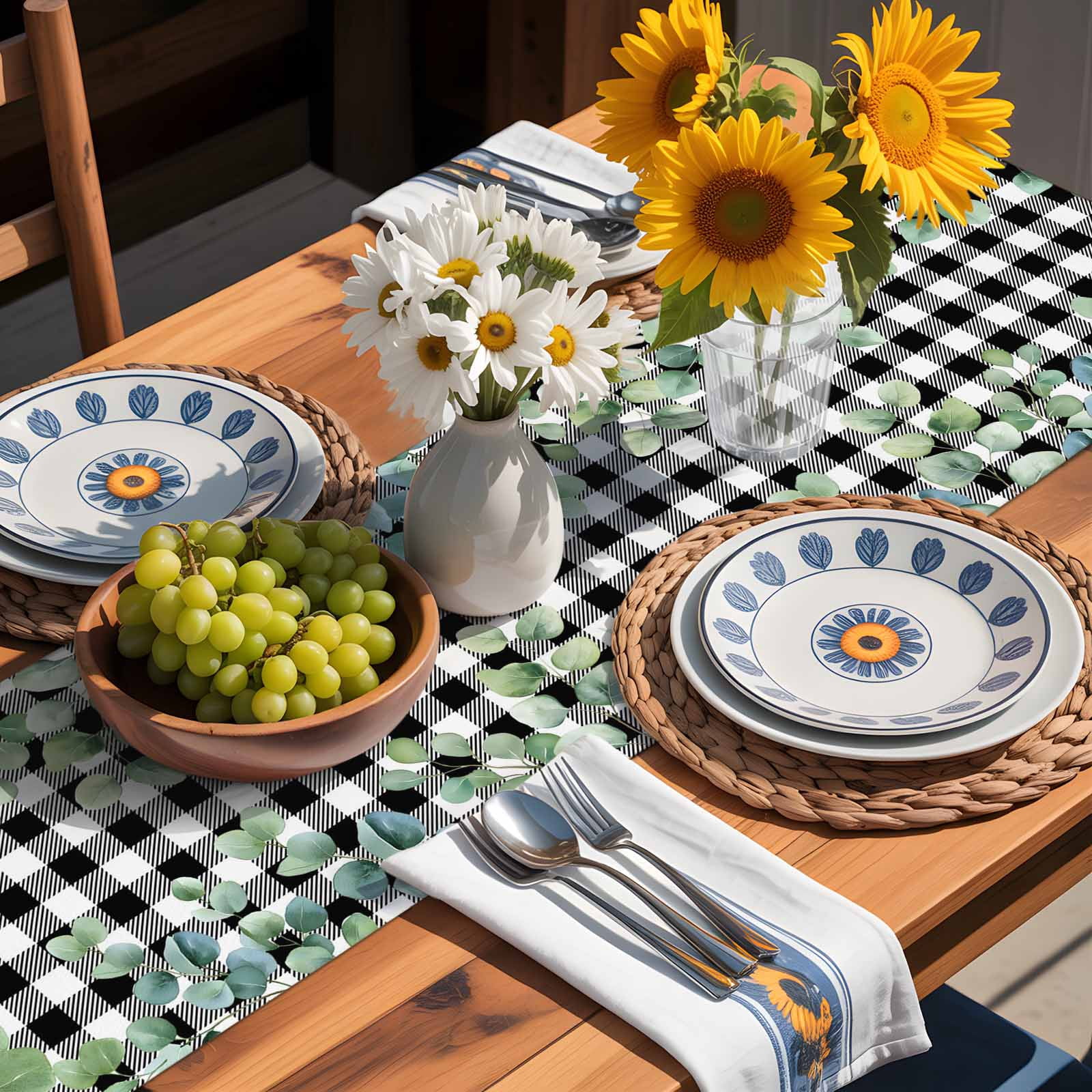 Farm Eucalyptus Leaves Table Runner 90 Inches Long, Geometric Black White Plaid Table Runners Tabletop Scarf Kitchen Dining Tables Decoration for Home Party Indoor Outdoor