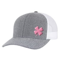 Men's Lucky Clover Shamrock Off-Center Embroidered Golf Mesh Back Trucker Hat, Heather Grey/White/Pink Clover