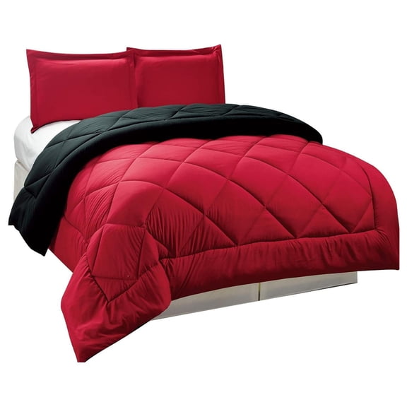 KriKac 3pc Down Alternative, Reversible Comforter Set Red and Black, Fits Full and Queen Size Beds