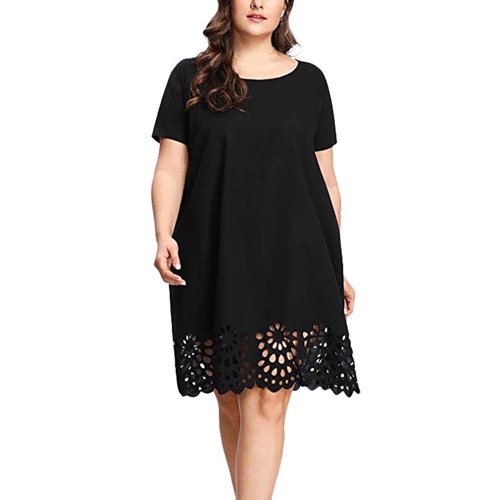 JURTEE Fashion Plus Size Women Solid Short Sleeve O-Neck Hollow Out Comfortable Wild Casual Dress