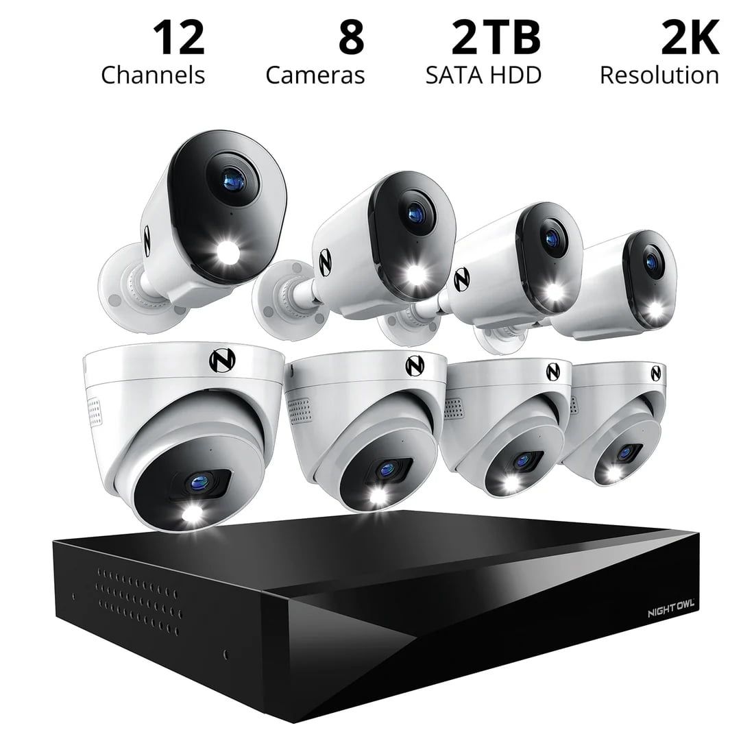 Night Owl 12 Channel 2TB DVR Security System and 8 Wired 2K Deterrence Cameras - 4 Bullet 4 Dome