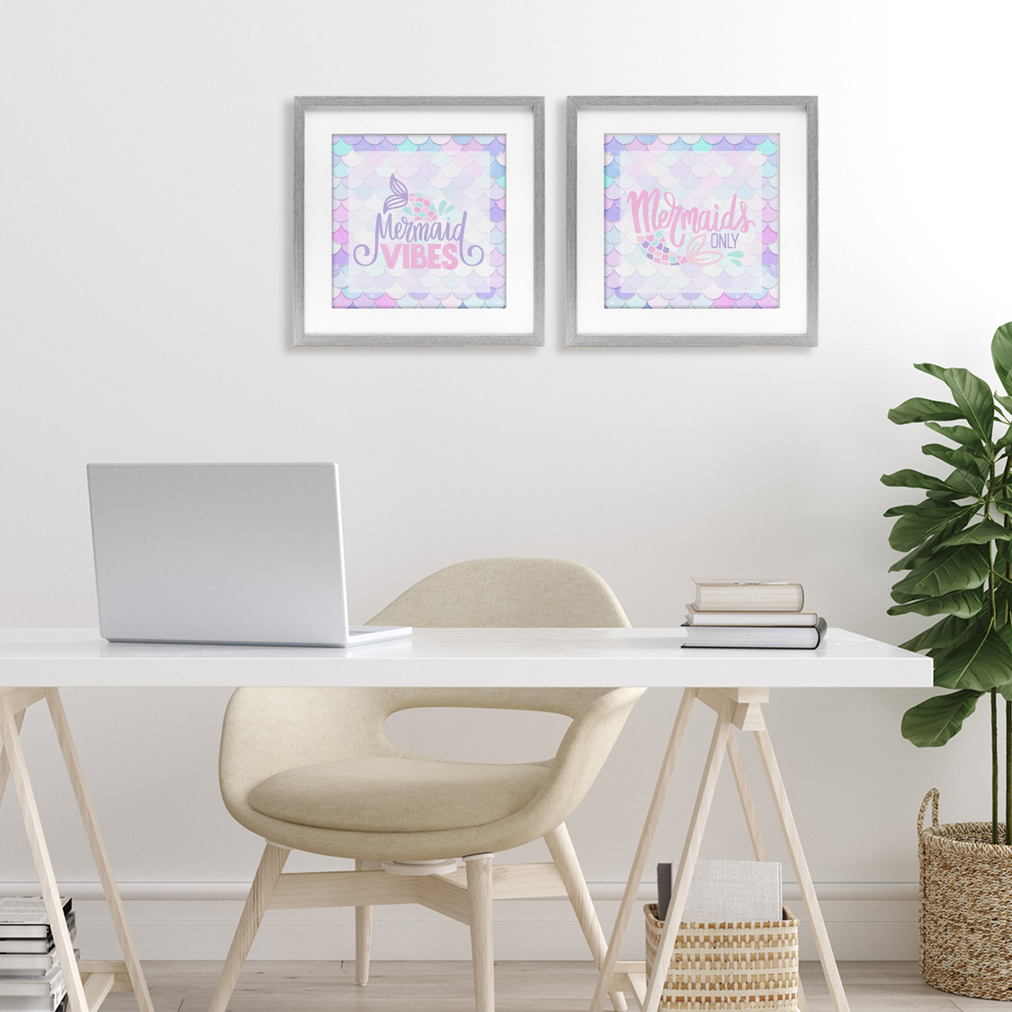 Dreamy Mermaid Phrases with Scales 2 Piece Gray Framed Print Under Glass Set, design by Kim Allen