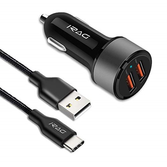 iRAG Car Charger for Samsung Galaxy Note 10/9/8/S20 FE/S20/S20 Plus/S10/S10E/S9/A10e/A20/A50-36W Quick Charge 3.0 2-Port USB Adapter with 6FT Braided USB Type C to A Fast Charging Cable Cord