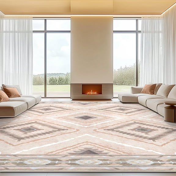 9'x12' Area Rugs for Living Room, Machine Washable Non-Slip Carpet, Soft Faux Wool Low Pile Moroccan Farmhouse Western Rug, Pink