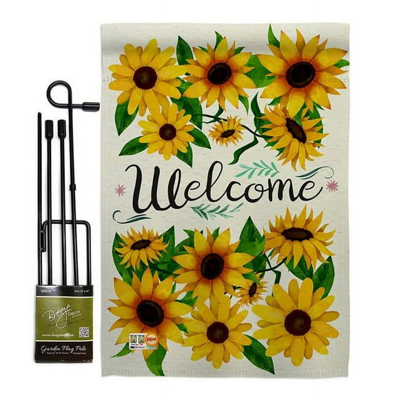 Breeze Decor BD-FL-GS-104091-IP-BO-D-US17-BD 13 x 18.5 in. Welcome Sunflowers Bouquet Spring Floral Impressions Decorative Vertical Double Sided Garden Flag Set with Banner Pole