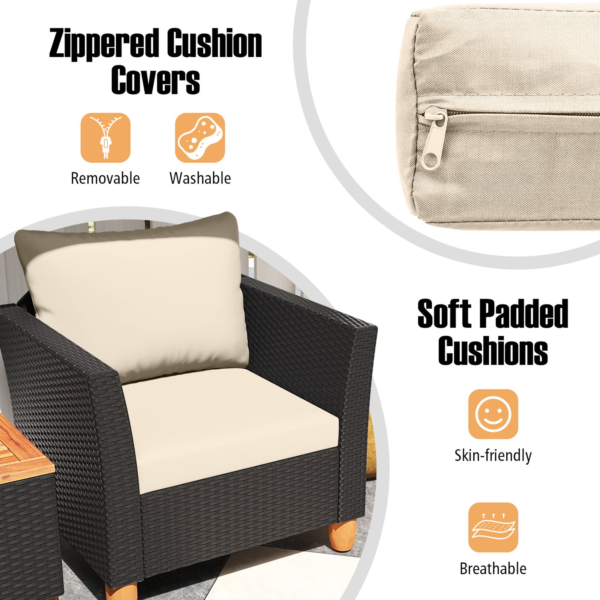 Costway 3PCS Outdoor Patio Rattan Furniture Set Wooden Table Top Cushioned Sofa White Cushion