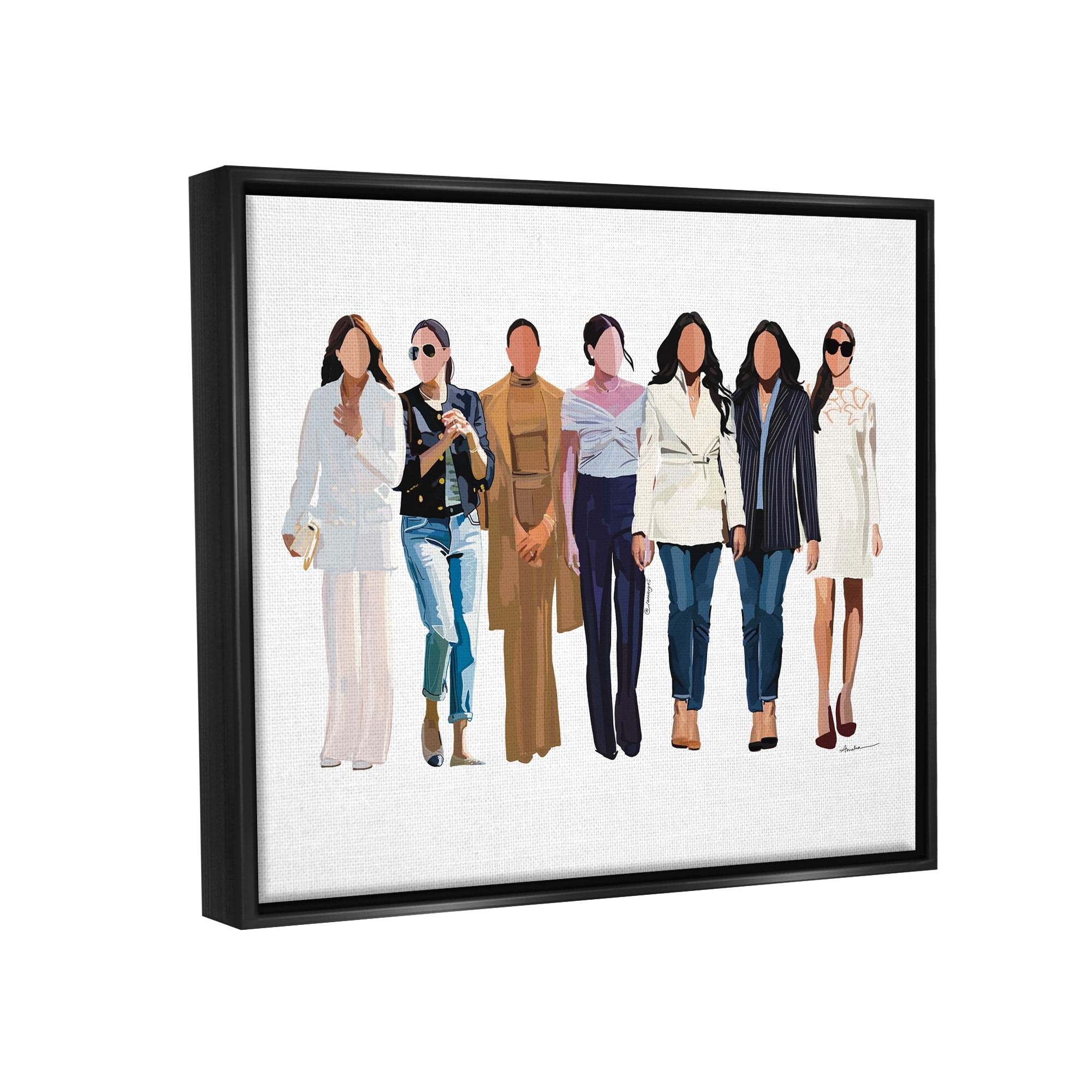 Stupell Industries Trendy Glam Women Walking Varied Fashion Outfits Graphic Art Jet Black Floating Framed Canvas Print Wall Art, Design by Amelia Noyes