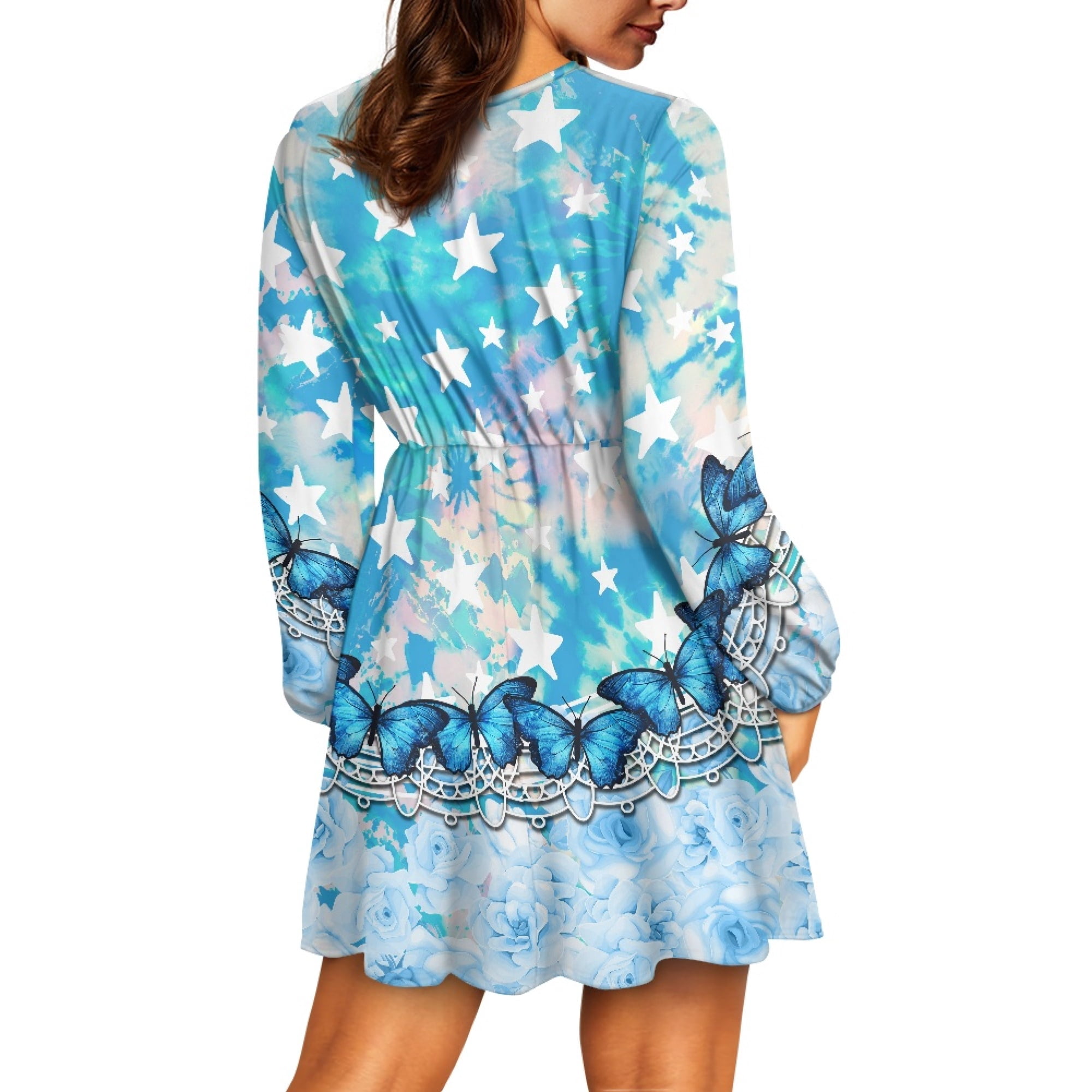 Yuyamidu Blue Butterfly Long Sleeve Dresses for Women Girls Flower A-Line Swing Flared Casual Party Dress Size XL Fashion V-Neck Midi Dress for Fall Winter