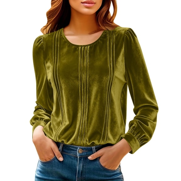 Women's Long-sleeved Round Neck Casual Pleated Solid Color Top Trendy Fashion Outfits Winter Clothing