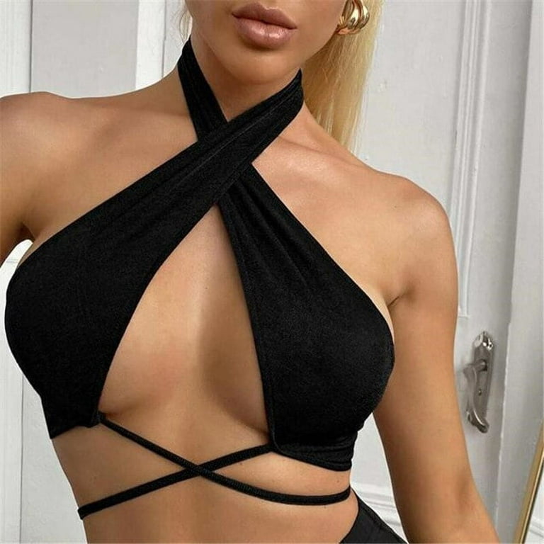 Women Strappy Cross Over Front Cut Out Halter Neck Sleeveless Backless Wrap  Crop Top Bandage Vest Summer Sexy Tops Woman Clothes