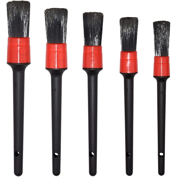 Detailing Brush Set -5 Different Sizes Premium Natural Boar Hair Mixed Fiber Plastic Handle Automotive Detail Brushes for Cleaning Wheels, Engine, Interior, Air Vents, Car, Motorcy