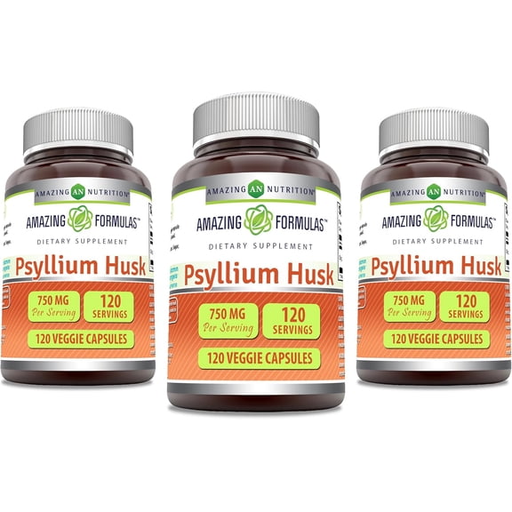 Amazing Formulas Psyllium Husk 750mg Per Serving 120 Veggie Capsules Supplement | Non-GMO | Gluten Free | Suitable for Vegetarians | Pack of 3