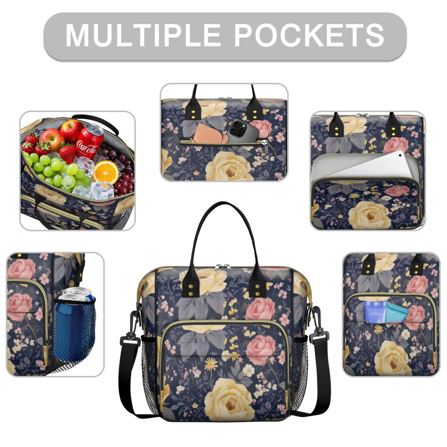 Pioneer Flower Floral Print Pattern Womens Lunch Box for Work,Insulated Large Lunch Bag for Tween and Teen,Loncheras Para Mujer,Leakproof Adult Lunch Bag for Work,Beach,Travel,Picnic,Camping