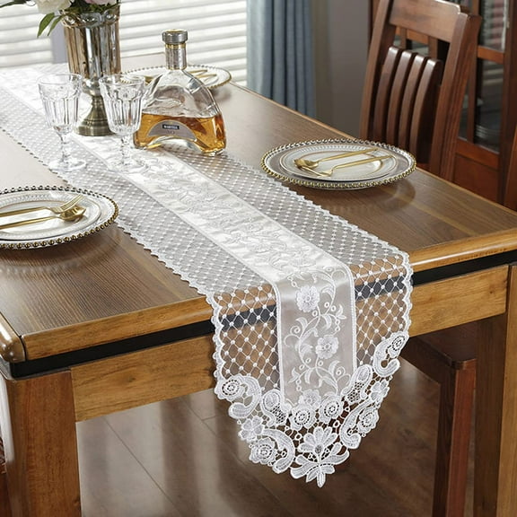 Lace Table Runner Embroidered Gauze ,Classic ,Fancy Overlay Exquisite Rustic Boho Plain White Tablecloth, ( 12x82 Inch)