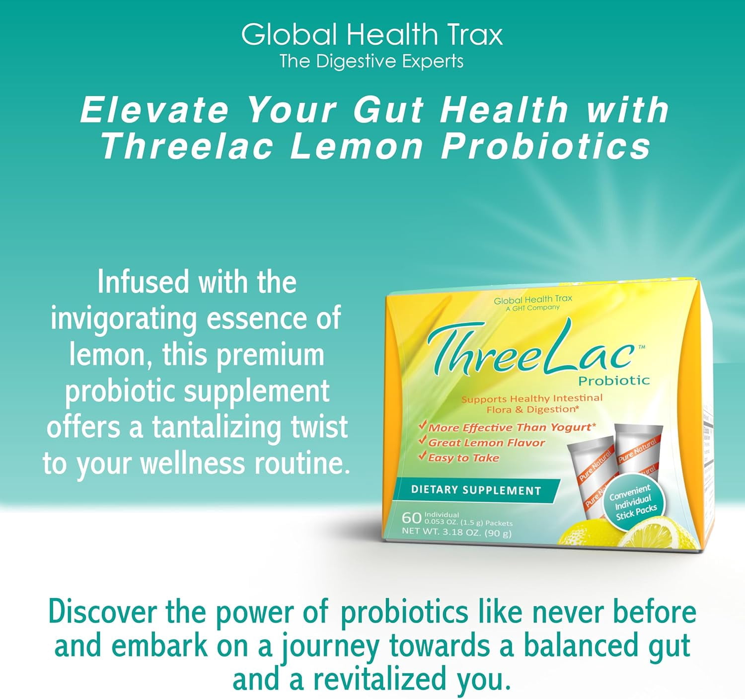 Global Health Trax ThreeLac Probiotic Drink Mix, Daily Digestive Support, Lemon, 90g, 60 Packets