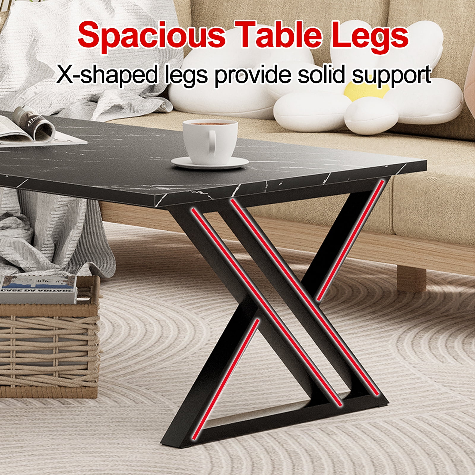 Coffee Table Living Room Table Black Center Table, Simple Modern Faux Marble Rectangular Tea Table with Sturdy Black-Finished Metal Frame,Industrial Wooden Coffee Table for Bedroom Home Office