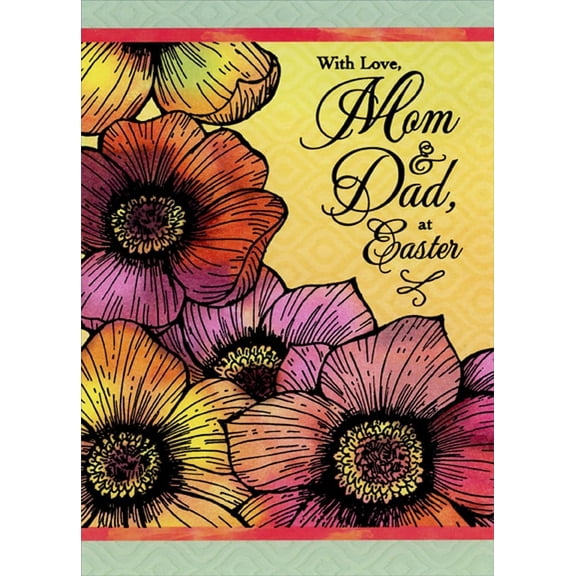 Designer Greetings Large Yellow, Pink, Red and Purple Flowers with Thick Black Outlines Mom and Dad Easter Card