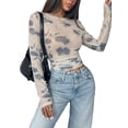 thumbnail image 2 of Mesh Top Mesh Crop Top for Women Y2K Long Sleeve Crew Neck Top Cream White S, 2 of 7
