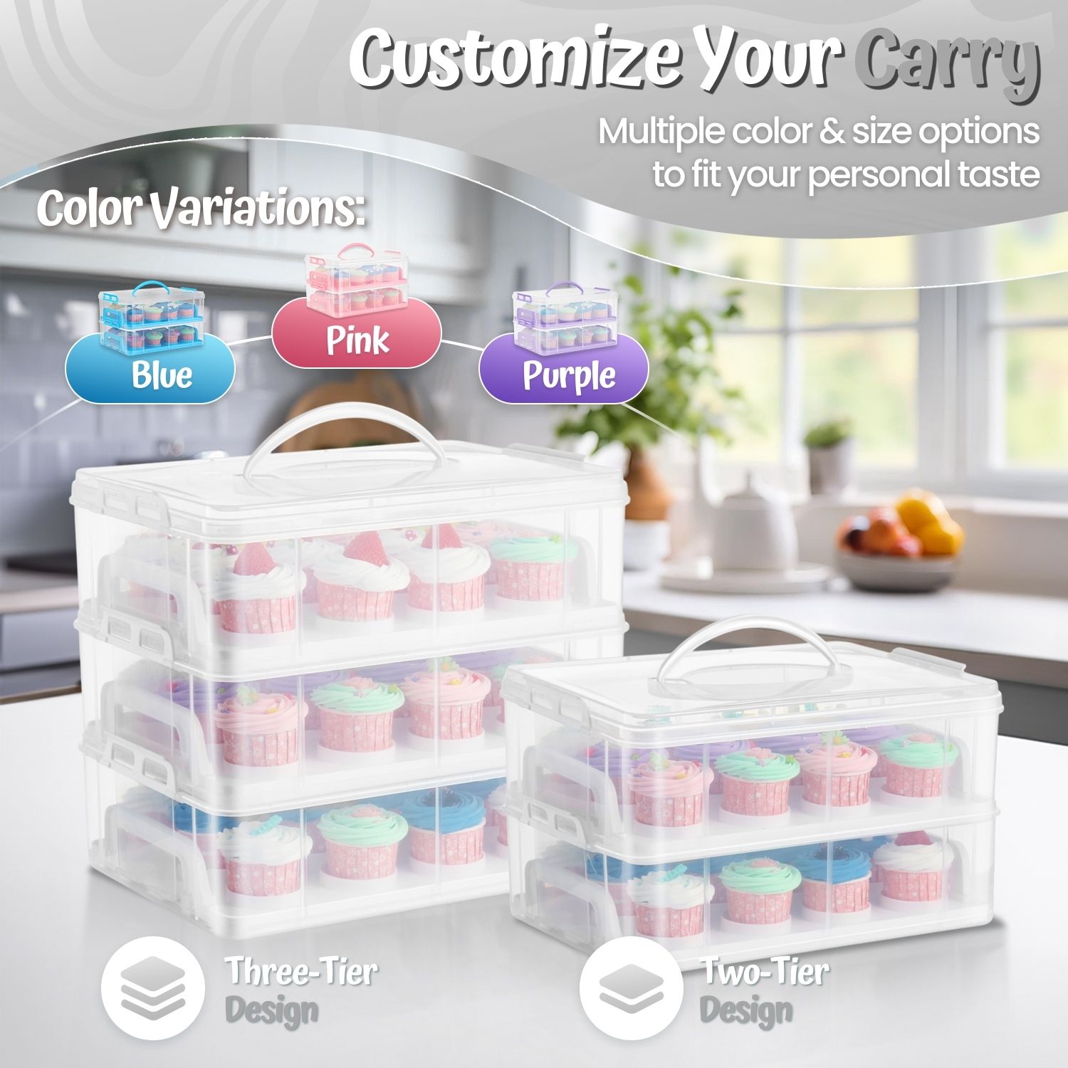 Cupcake Carrier Holder Container Box (24 Slot, 2 Tier) - 24 Cupcakes Slot or 2 Large Cakes Pastry Clear Plastic Storage Basket Taker Courier with 2 Tier Stackable Layer Insert (Clear)