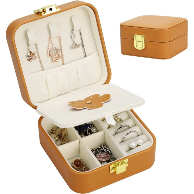 Joyero de viaje marrón, pequeño joyero para mujeres y niñas, de piel sintética, con espejo para anillos, pulseras, pendientes y collares.