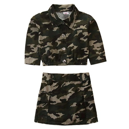 

PBaeM Toddler Girls Combat Camo Skirts Set Long Sleeve Button-down Jacket Outfit Sets