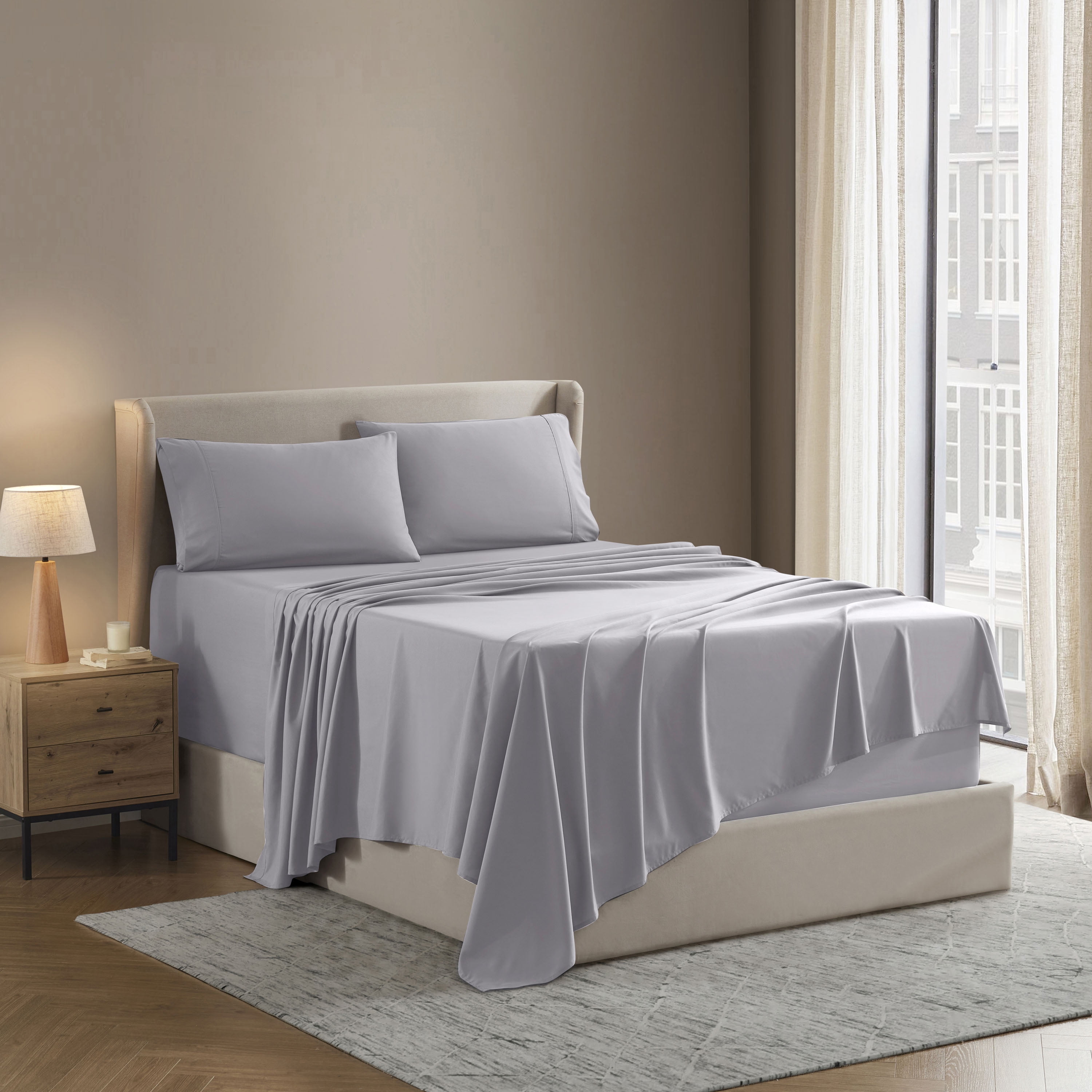 Lammaloe King Sheets Set, Hotel Style Deep Pocket 4 Piece Bed Sheets, Luxury Soft Microfiber Sheet Sets, Light Gray Lavender