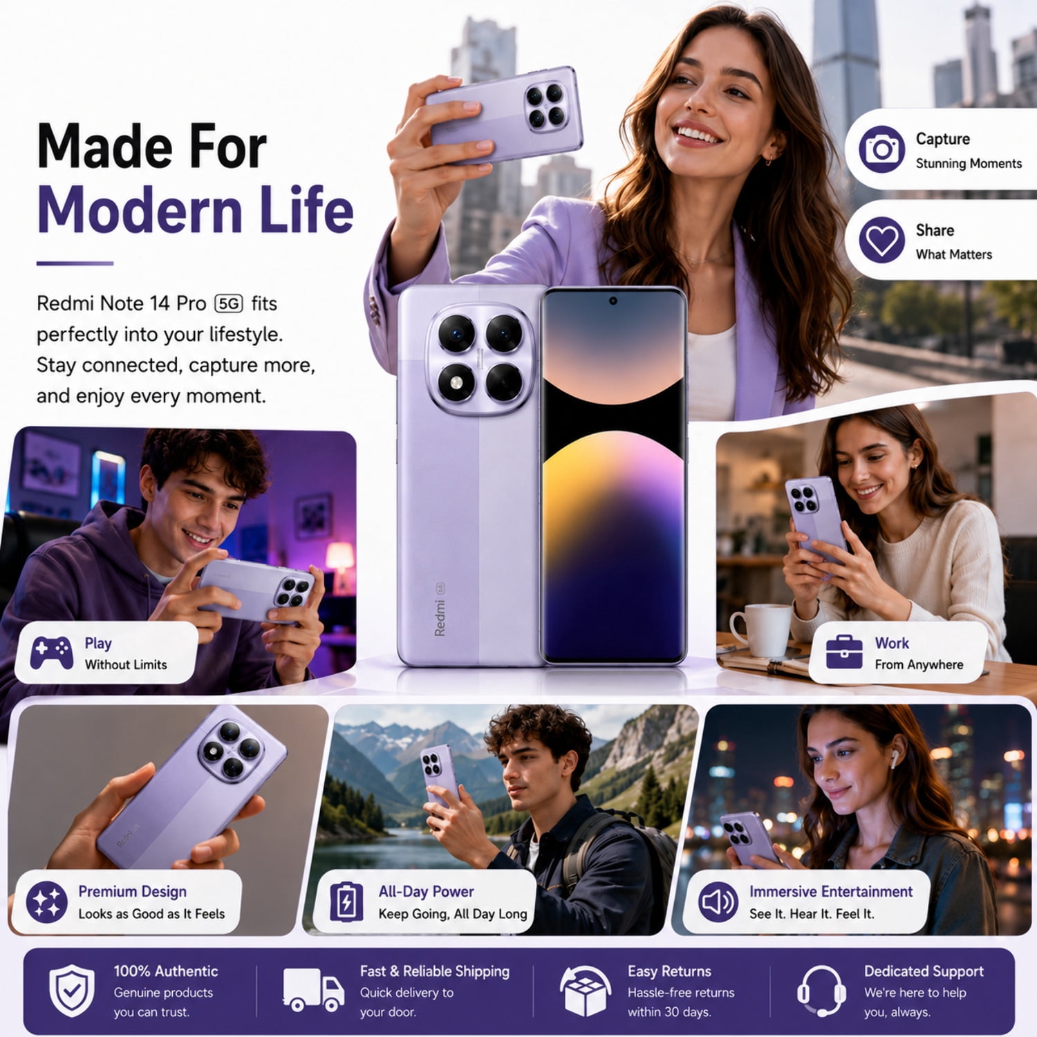 Xiaomi Redmi Note 14 Pro 5G 512GB ROM 12GB RAM Dual SIM GSM Unlocked - Lavender Purple