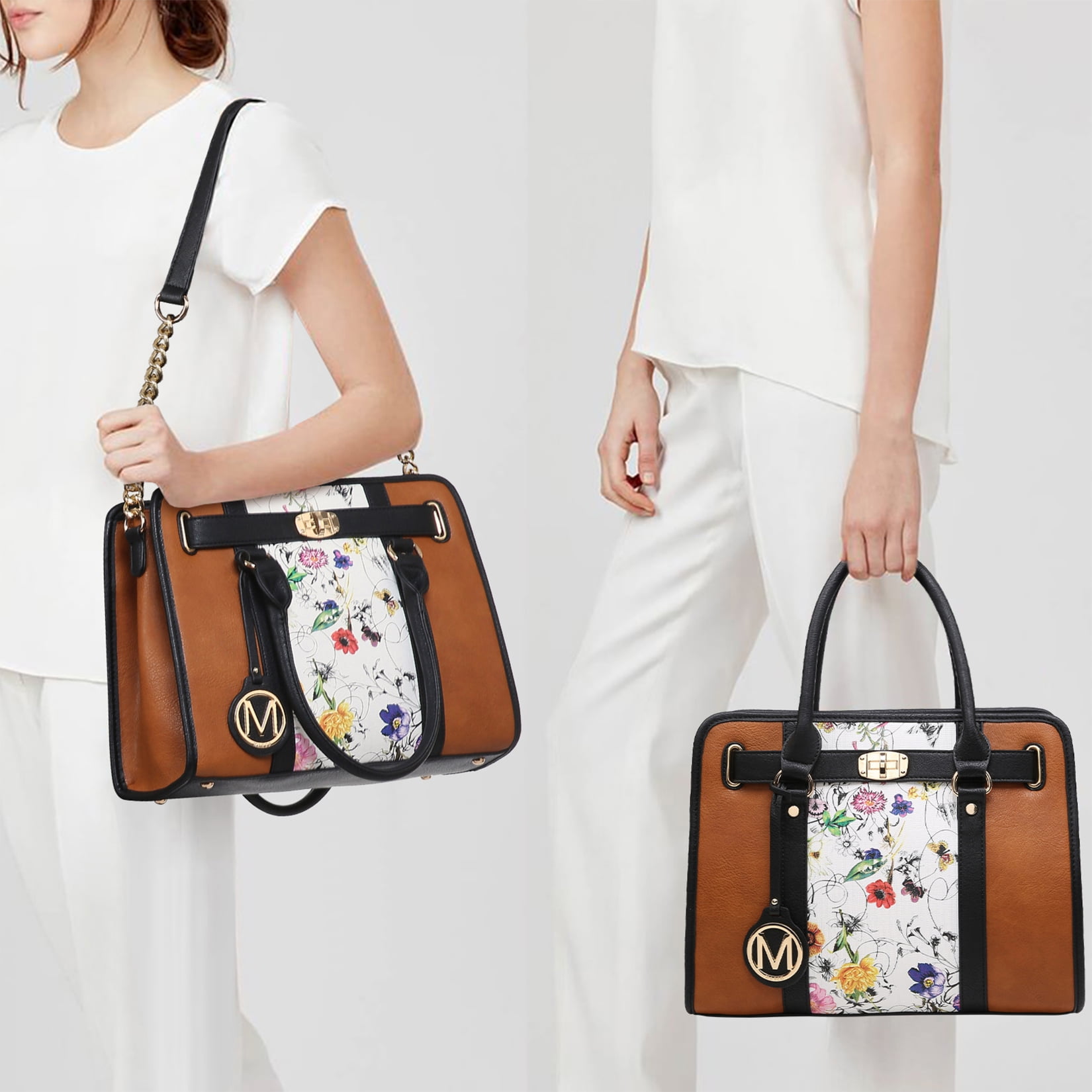 MKP Womens Satchel Female Handbags Two Tone Vegan Leather Shoulder Bag with Wallet 2pcs Set