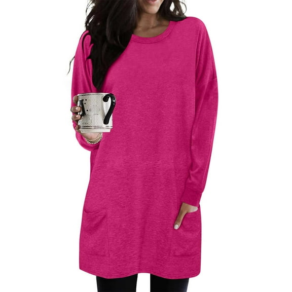 Holiday Gift Finder Fall and Winter Long Sleeve Shirts for Women Loose Crewneck Sweatshirt with Pockets Casual Pullover Ladies Tops and Blouses Mid-length Women's Tops, S-3XL