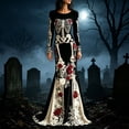 thumbnail image 2 of Women's Halloween Gothic Velvet Maxi Dress, Long Sleeve Round Neck Bodycon Dress with Skeleton Floral Print, Elegant Fall Evening Party Gown, 2 of 4